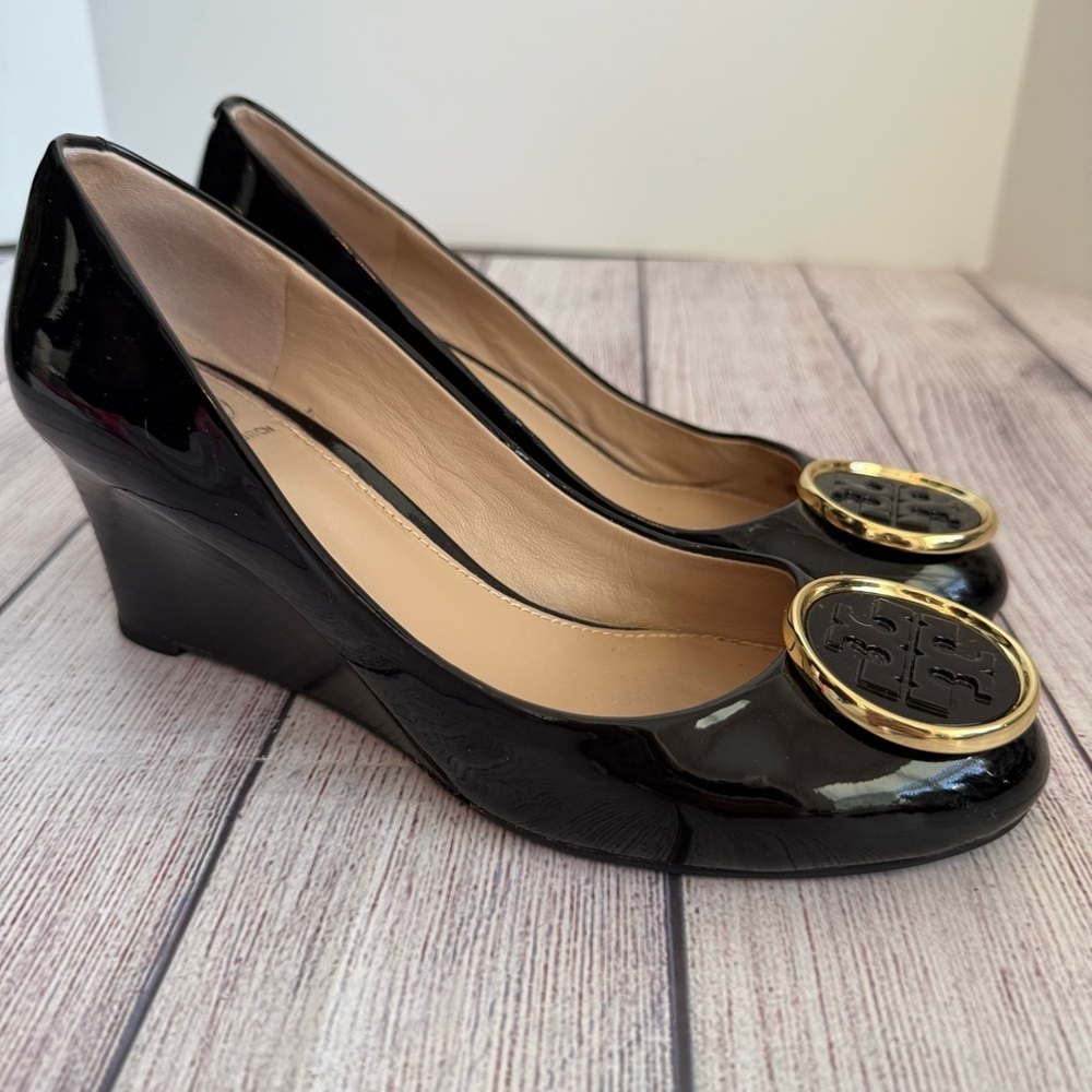 TORY BURCH Twiggie Wedge Black Patent Leather Shoes 6
